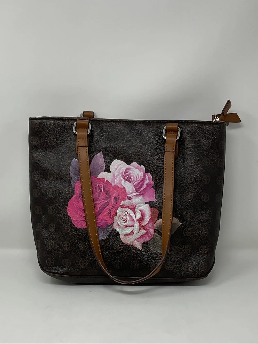 Giani Bernini Dark Brown Shoulder Tote with Pink Rose Motif